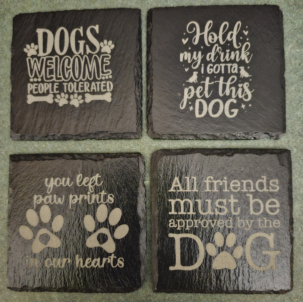 Coasters, Black Slate set of 4 Dog Lovers Themed Handmade Laser Etched